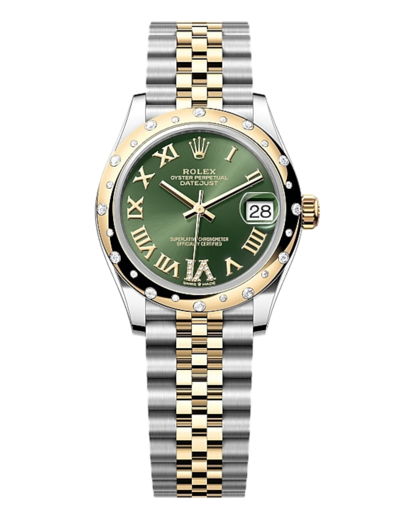 Rolex Datejust Green Dial with Roman & Diamond Markers, Diamond Bezel, 31mm Two-Tone Jubilee - U1 FACTORY - AUTOMATIK