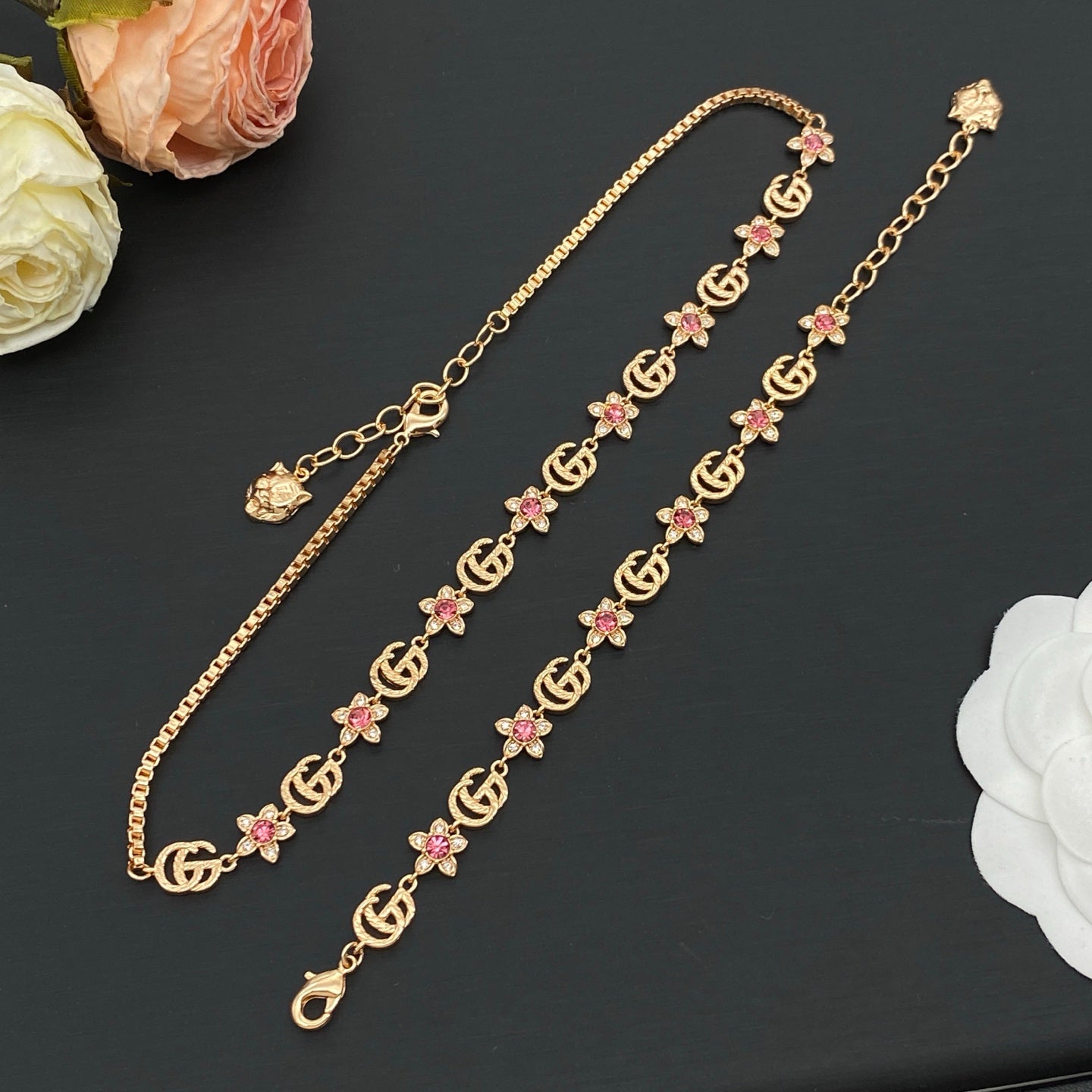 GUCCI GG FLORAL CRYSTAL NECKLACE & BRACELET SET – FULL SET – 1:1 HIGH END