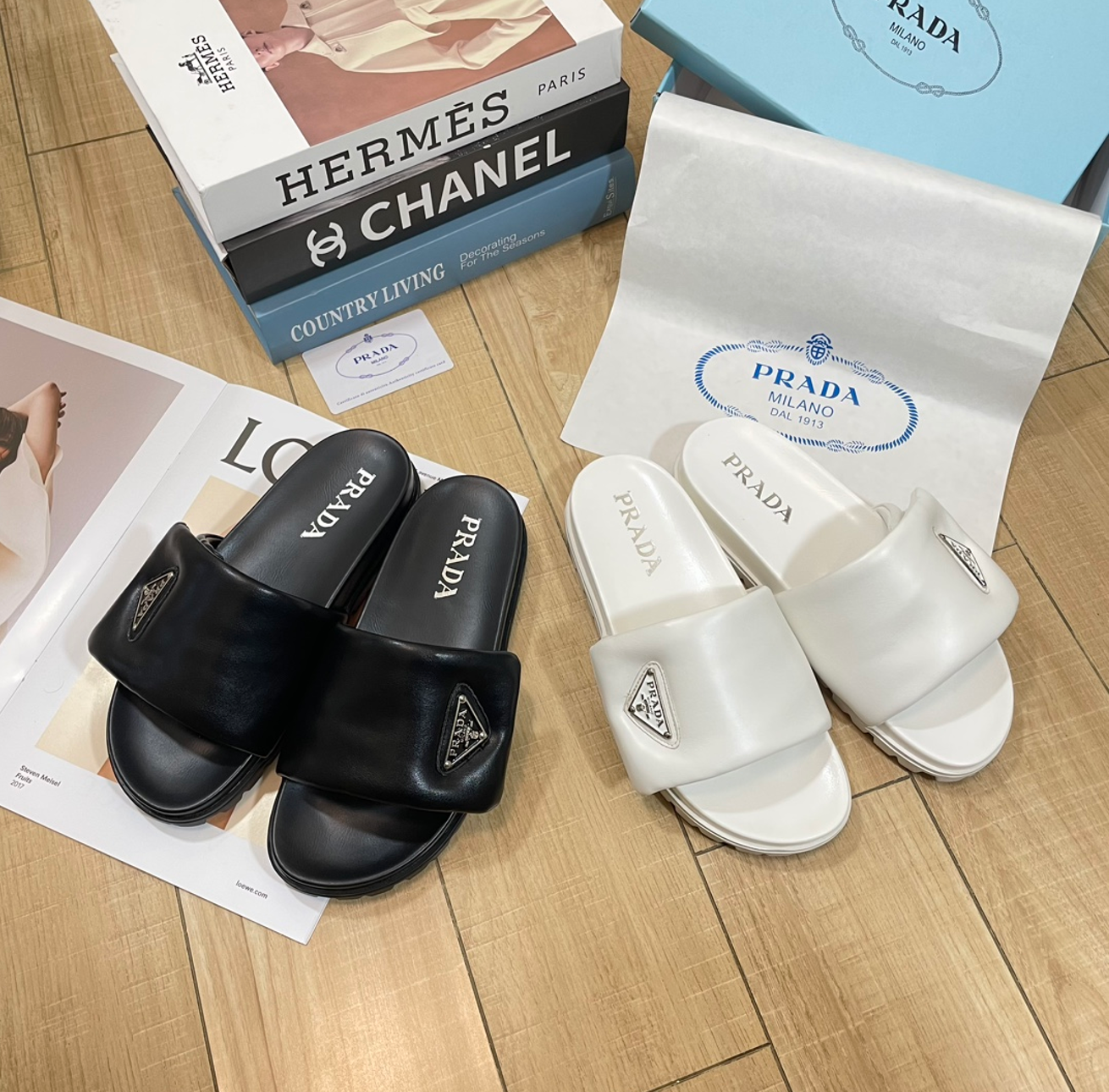 PRADA PADDED LEATHER SLIDE SANDALS – TRIANGLE LOGO – FULL SET – 1:1 HIGH END