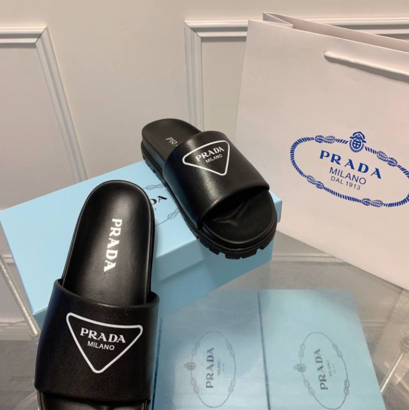 PRADA PADDED LEATHER SLIDE SANDALS – TRIANGLE LOGO – FULL SET – 1:1 HIGH END