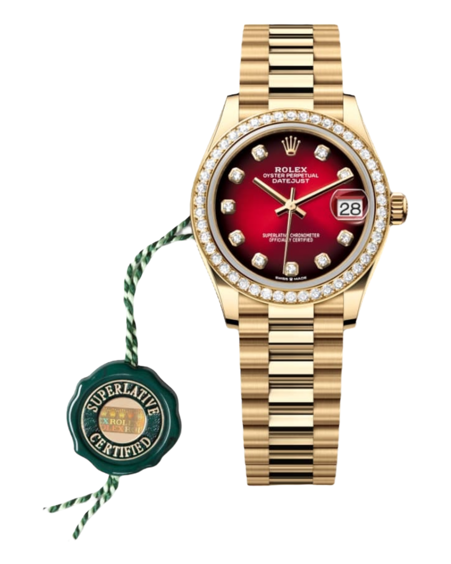 Rolex DATEJUST Red Dial with Diamonds , Diamond Bezel, 31mm Gold President - U1 FACTORY - AUTOMATIK
