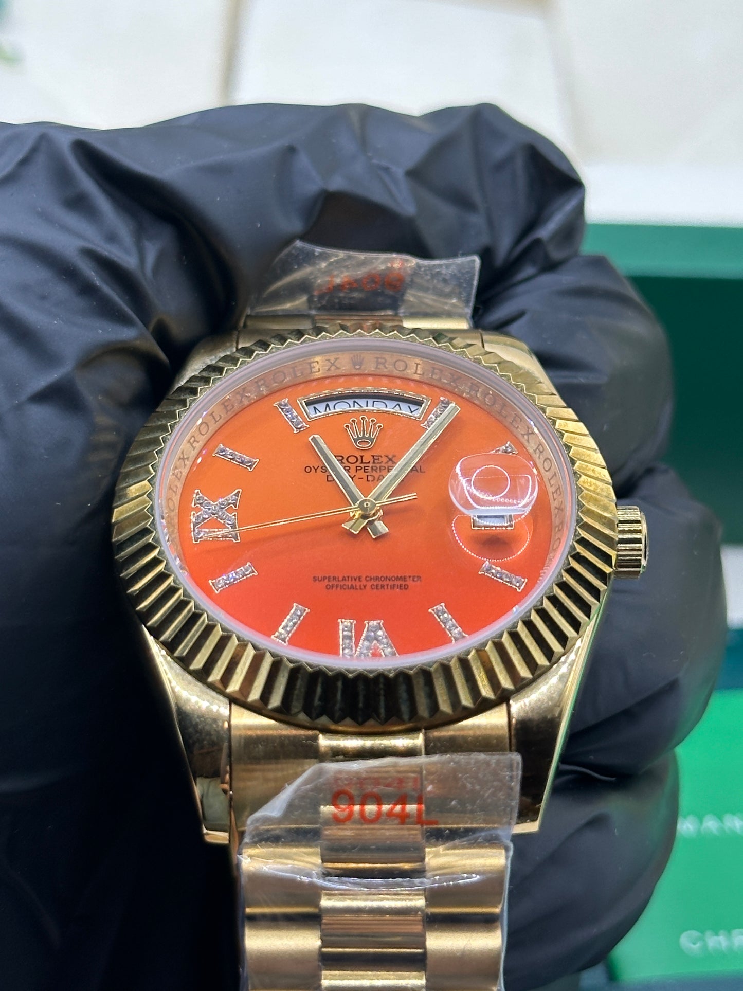 Rolex Day-Date Orange Coral Diamond Dial, 40mm Yellow Gold President - U1 FACTORY - AUTOMATIK