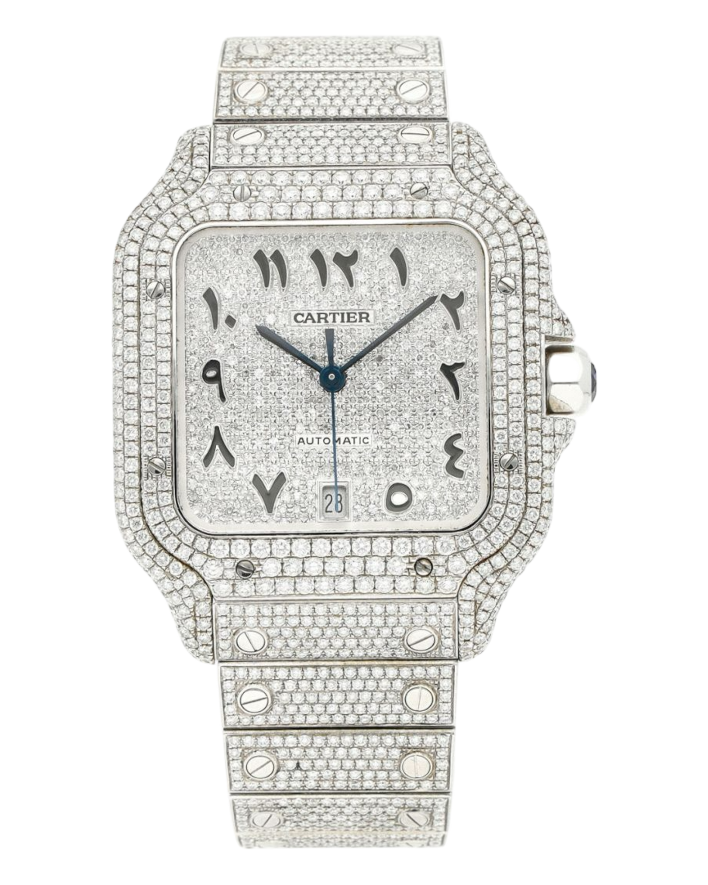 Santos De Cartier WSSA0018 Iced Out – Superclone 1:1 with genuine moissanite diamonds and Arabic numerals
