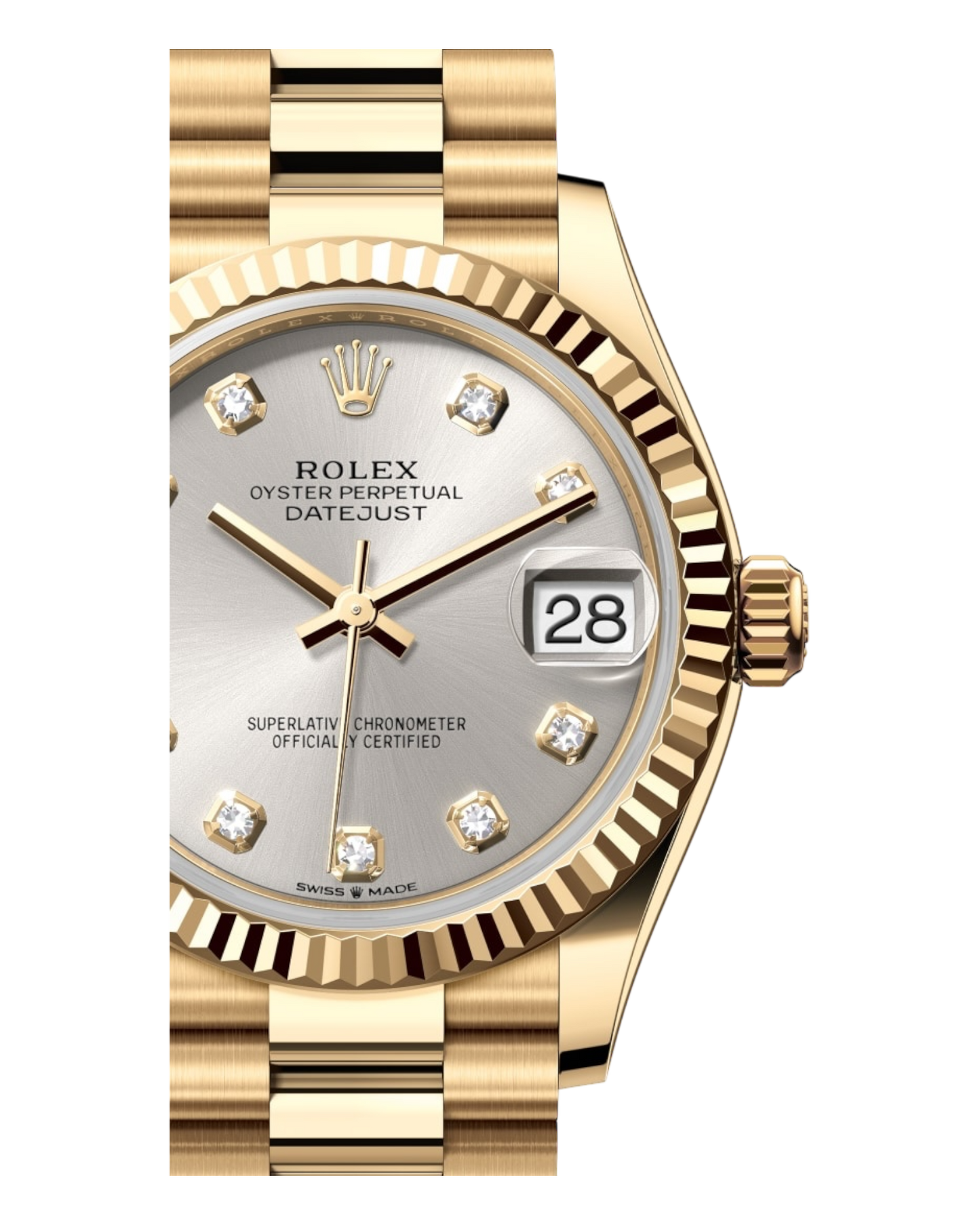 Rolex Datejust Silver Dial with Diamond Markers, 31mm Yellow Gold President - U1 FACTORY - AUTOMATIK