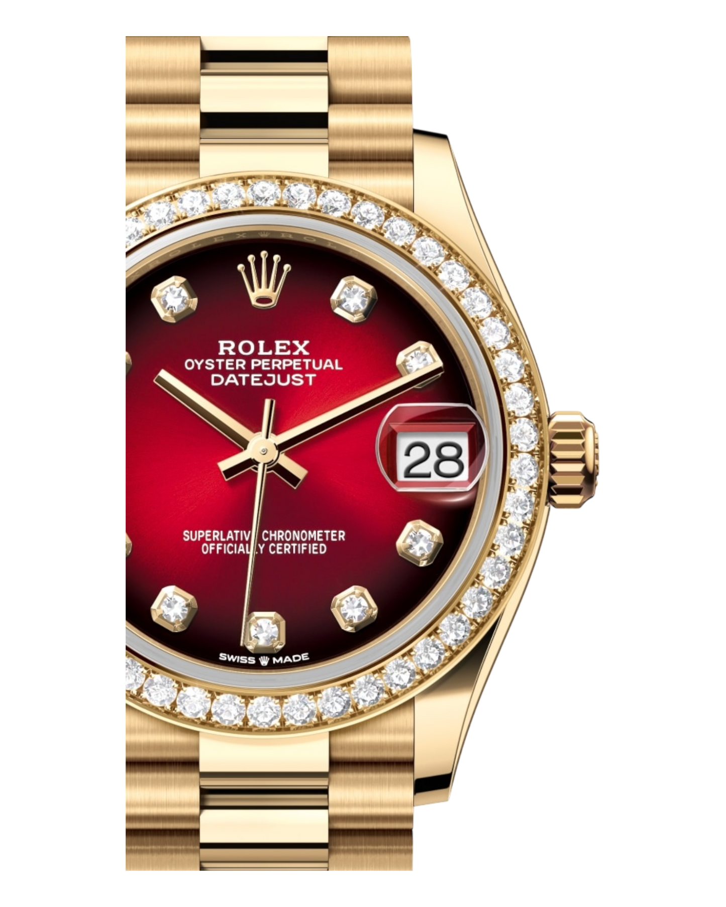 Rolex DATEJUST Red Dial with Diamonds , Diamond Bezel, 31mm Gold President - U1 FACTORY - AUTOMATIK