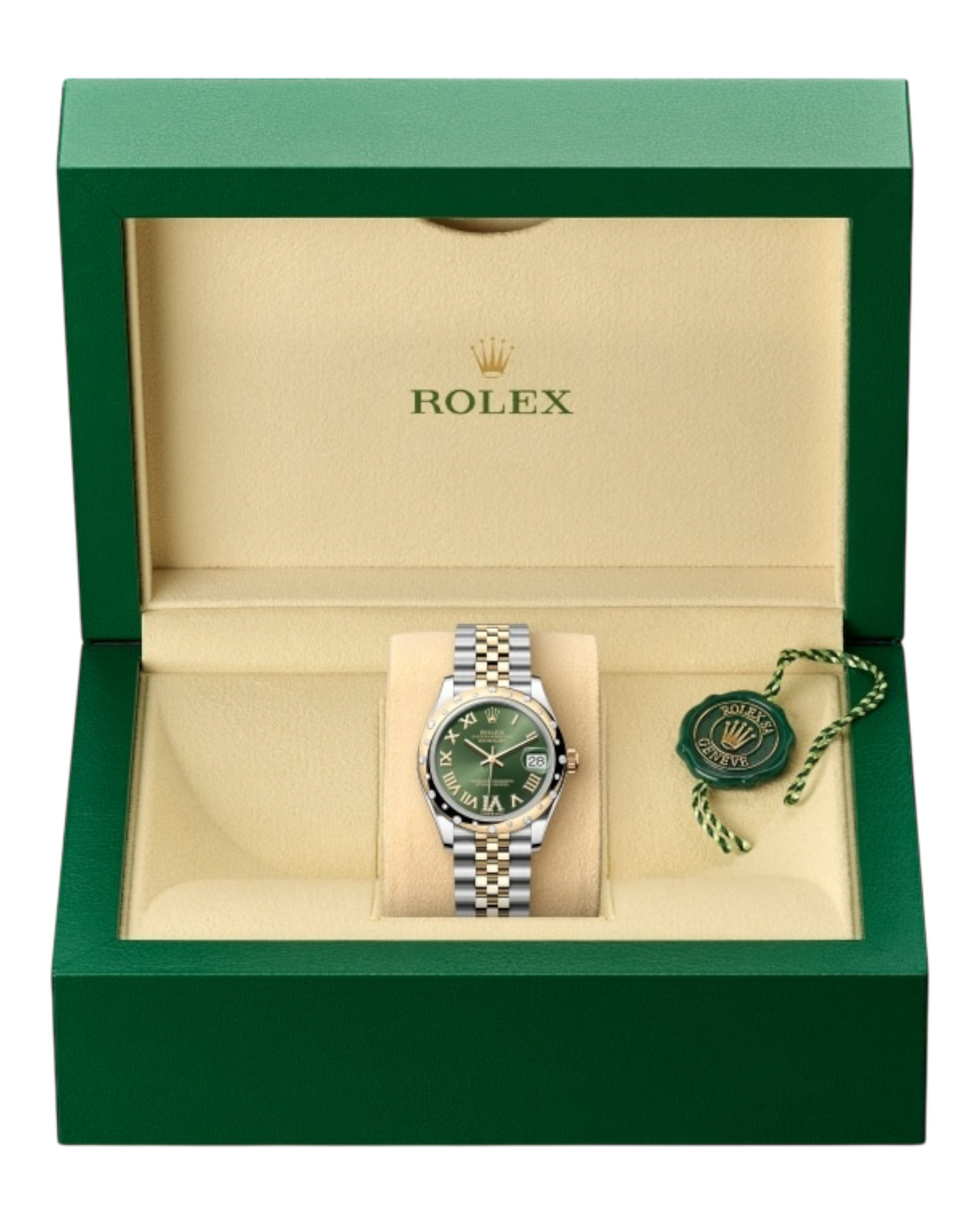 Rolex Datejust Green Dial with Roman & Diamond Markers, Diamond Bezel, 31mm Two-Tone Jubilee - U1 FACTORY - AUTOMATIK