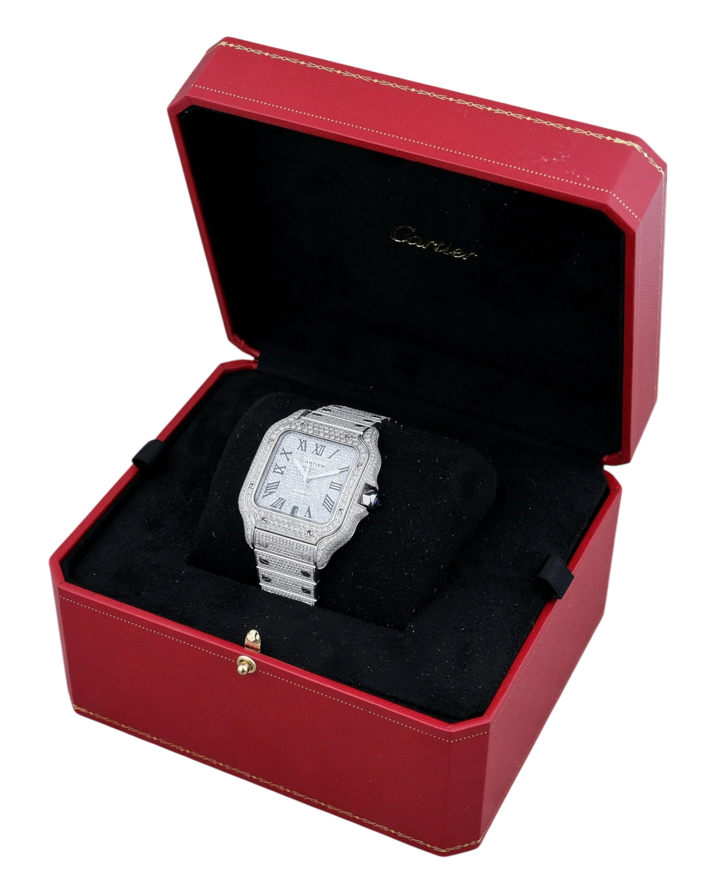 Santos De Cartier WSSA0018 Iced Out – Superclone 1:1 with genuine moissanite diamonds and Roman numerals