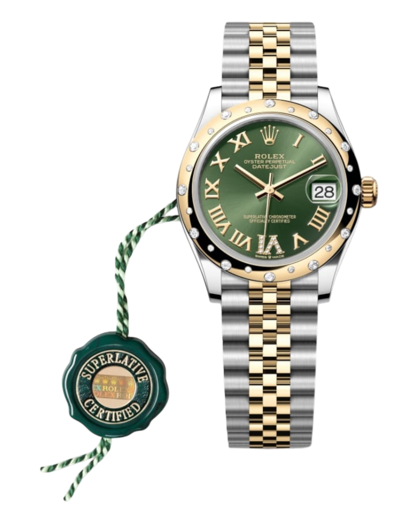 Rolex Datejust Green Dial with Roman & Diamond Markers, Diamond Bezel, 31mm Two-Tone Jubilee - U1 FACTORY - AUTOMATIK