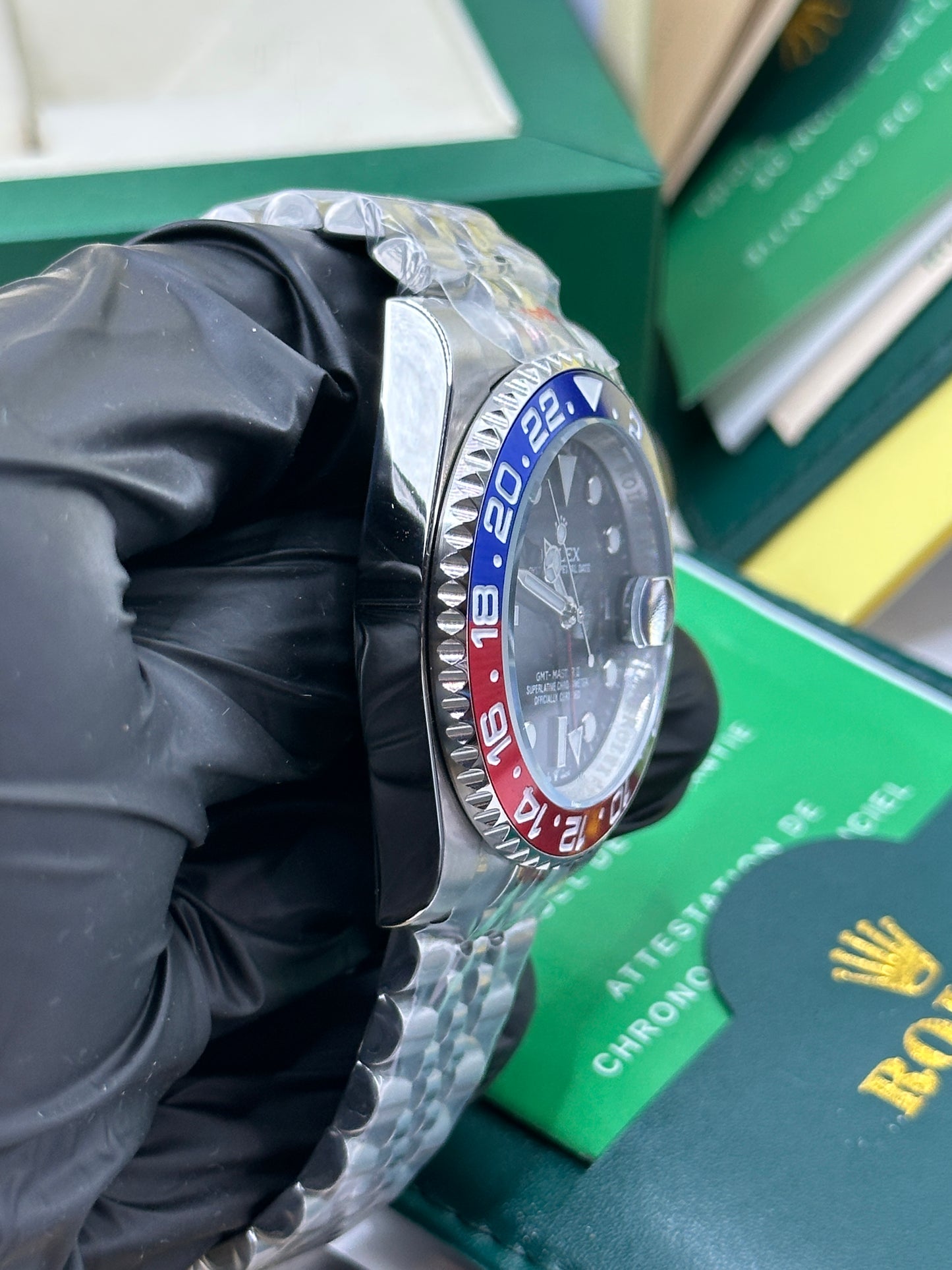 U1 Factory Rolex GMT-Master II "Pepsi", 40mm Stahl, schwarzes Zifferblatt, rot-blaue Keramik-Lünette - Automatik