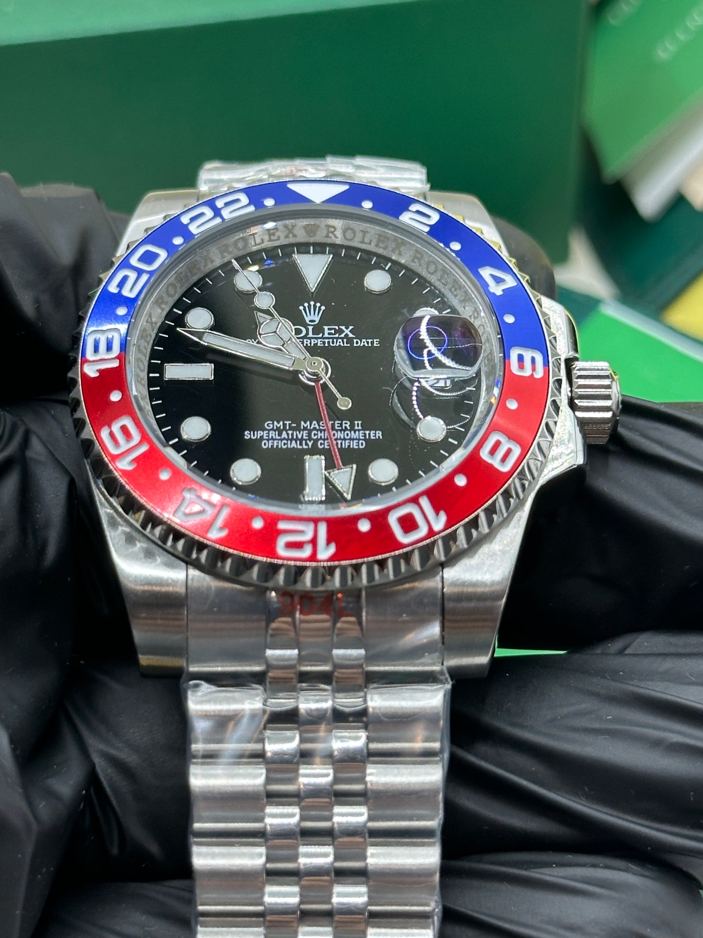 U1 Factory Rolex GMT-Master II "Pepsi", 40mm Stahl, schwarzes Zifferblatt, rot-blaue Keramik-Lünette - Automatik