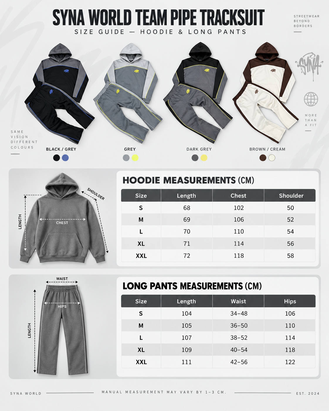 SYNA WORLD-STYLE TEAM PIPE TRACKSUIT – HOODIE & LONG PANTS – 4 COLORS – HIGH QUALITY 1:1