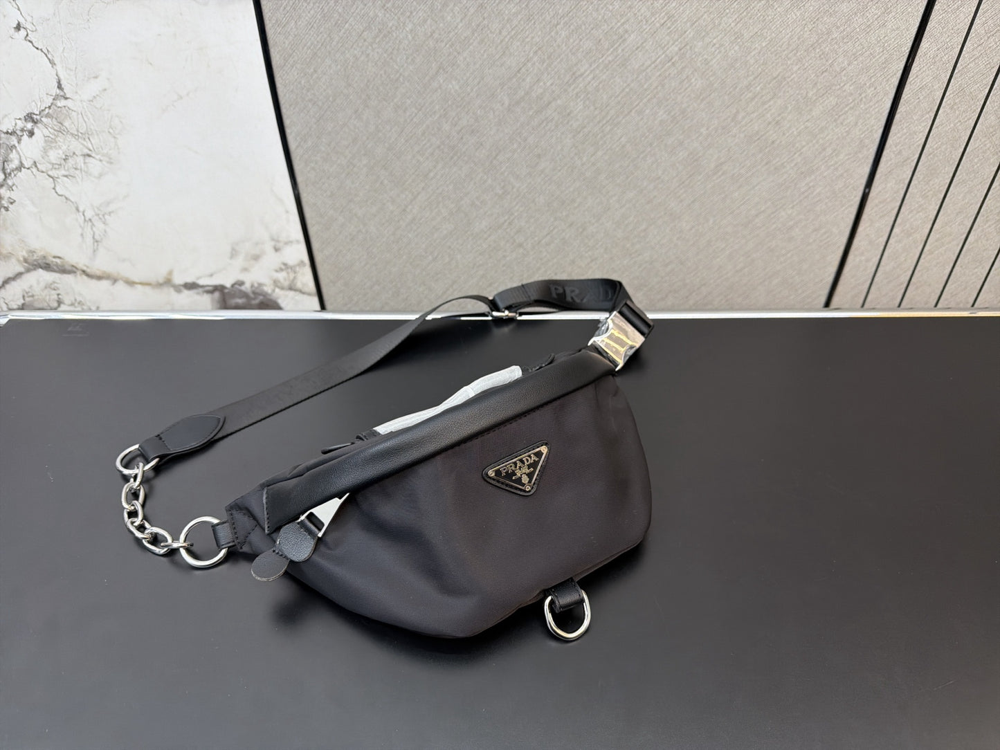 PRADA NYLON AND SAFFIANO LEATHER BELT BAG – SILVER / GOLD LOGO – FULL SET – 1:1 HIGH END