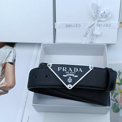 PRADA TRIANGLE LOGO SAFFIANO LEATHER BELT – FULL SET – 1:1 HIGH END