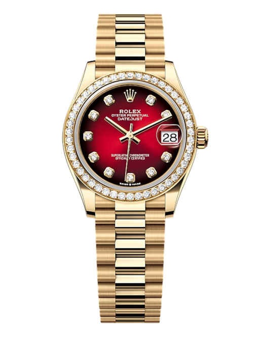 Rolex DATEJUST Red Dial with Diamonds , Diamond Bezel, 31mm Gold President - U1 FACTORY - AUTOMATIK