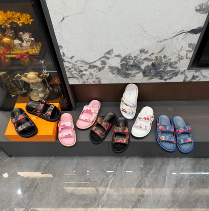 LOUIS VUITTON MONOGRAM CHERRY DOUBLE STRAP SLIDES – FULL SET – 1:1 HIGH END