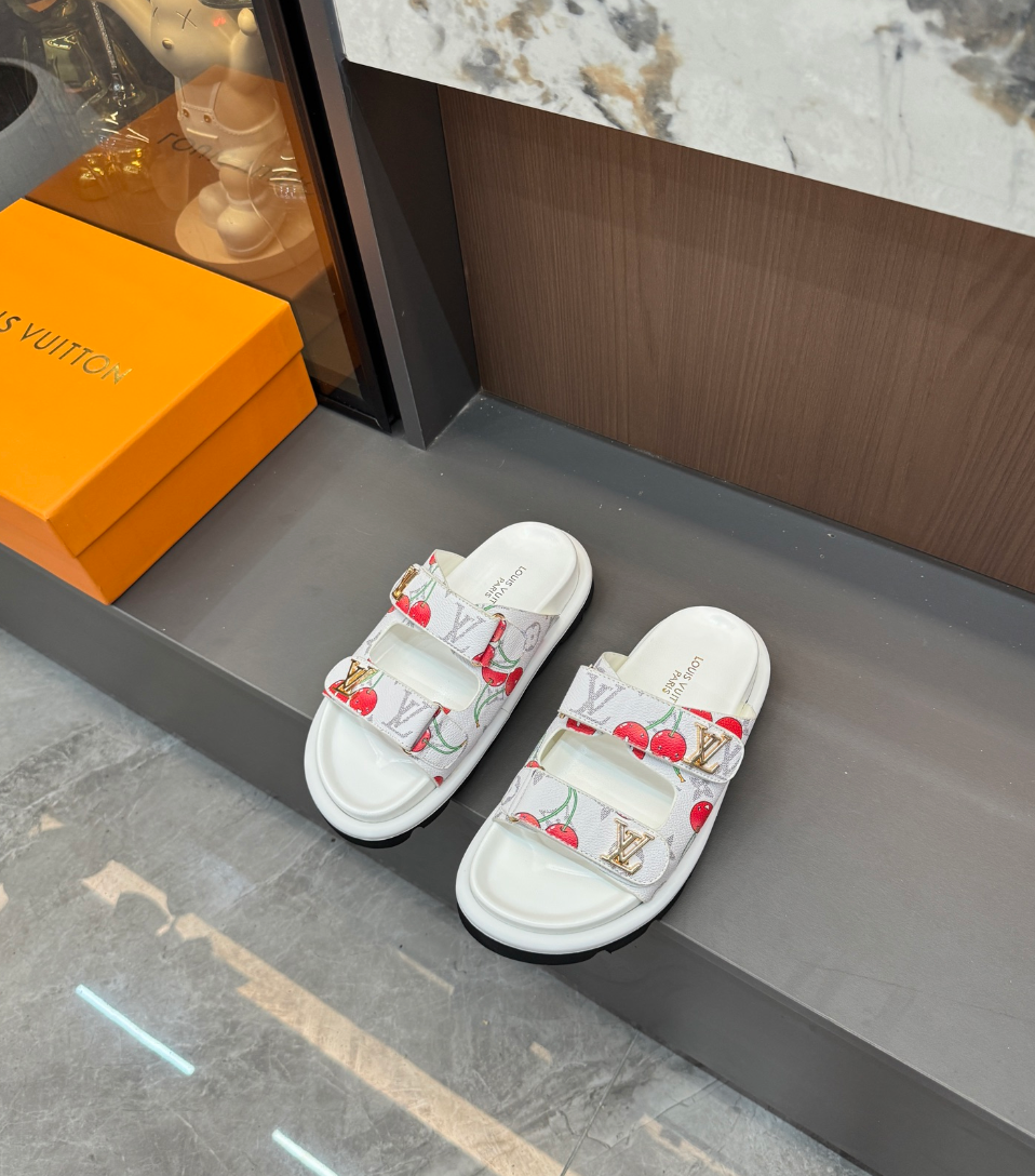 LOUIS VUITTON MONOGRAM CHERRY DOUBLE STRAP SLIDES – FULL SET – 1:1 HIGH END