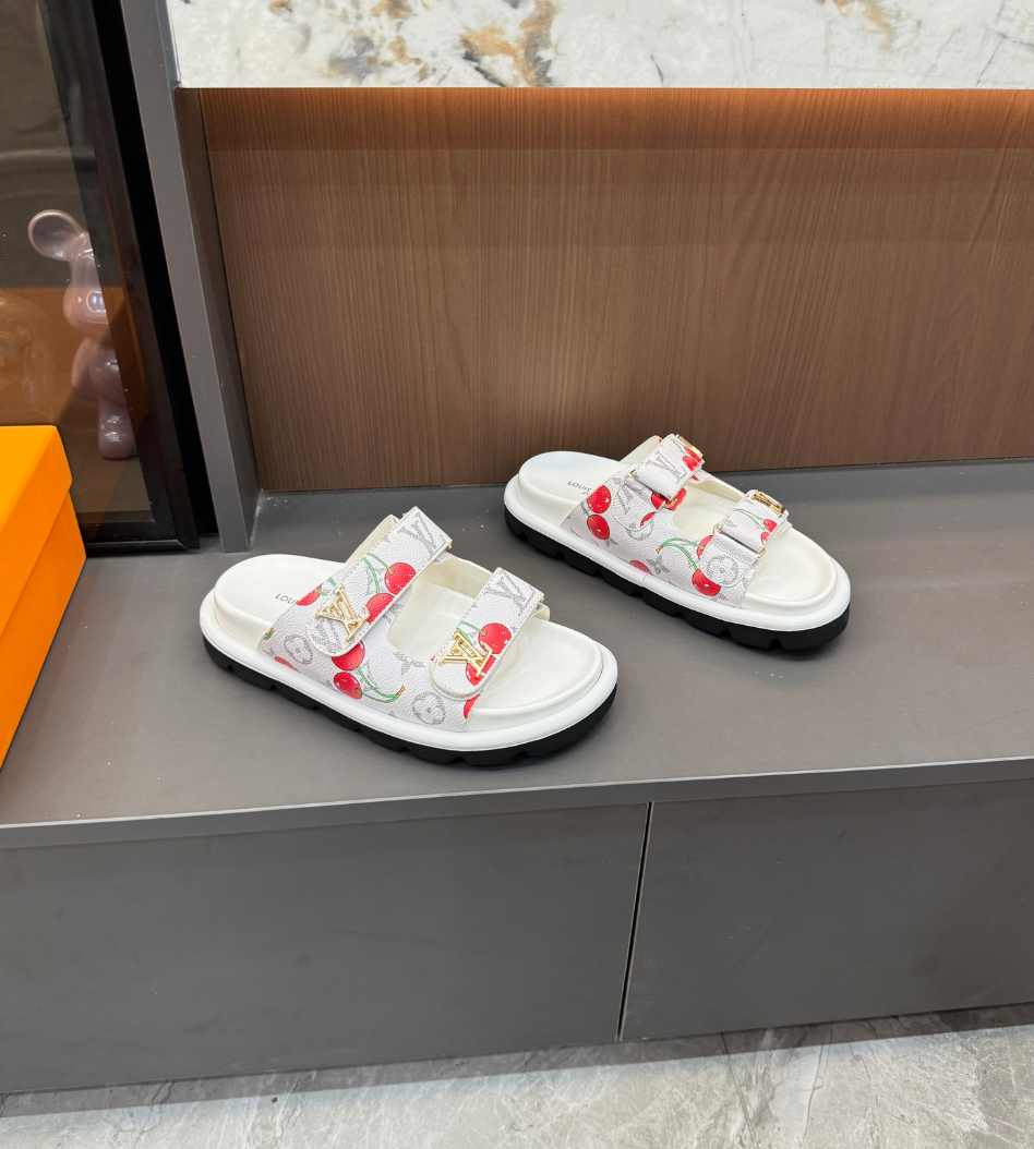 LOUIS VUITTON MONOGRAM CHERRY DOUBLE STRAP SLIDES – FULL SET – 1:1 HIGH END