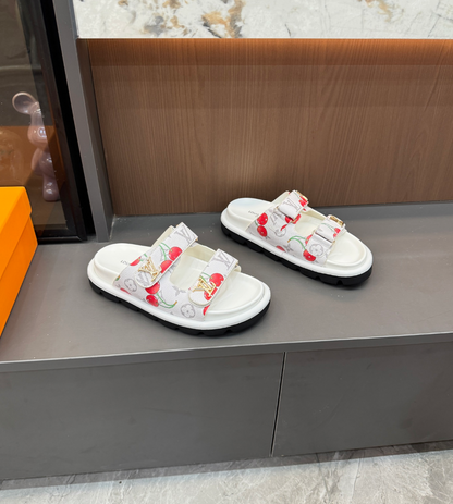 LOUIS VUITTON MONOGRAM CHERRY DOUBLE STRAP SLIDES – FULL SET – 1:1 HIGH END