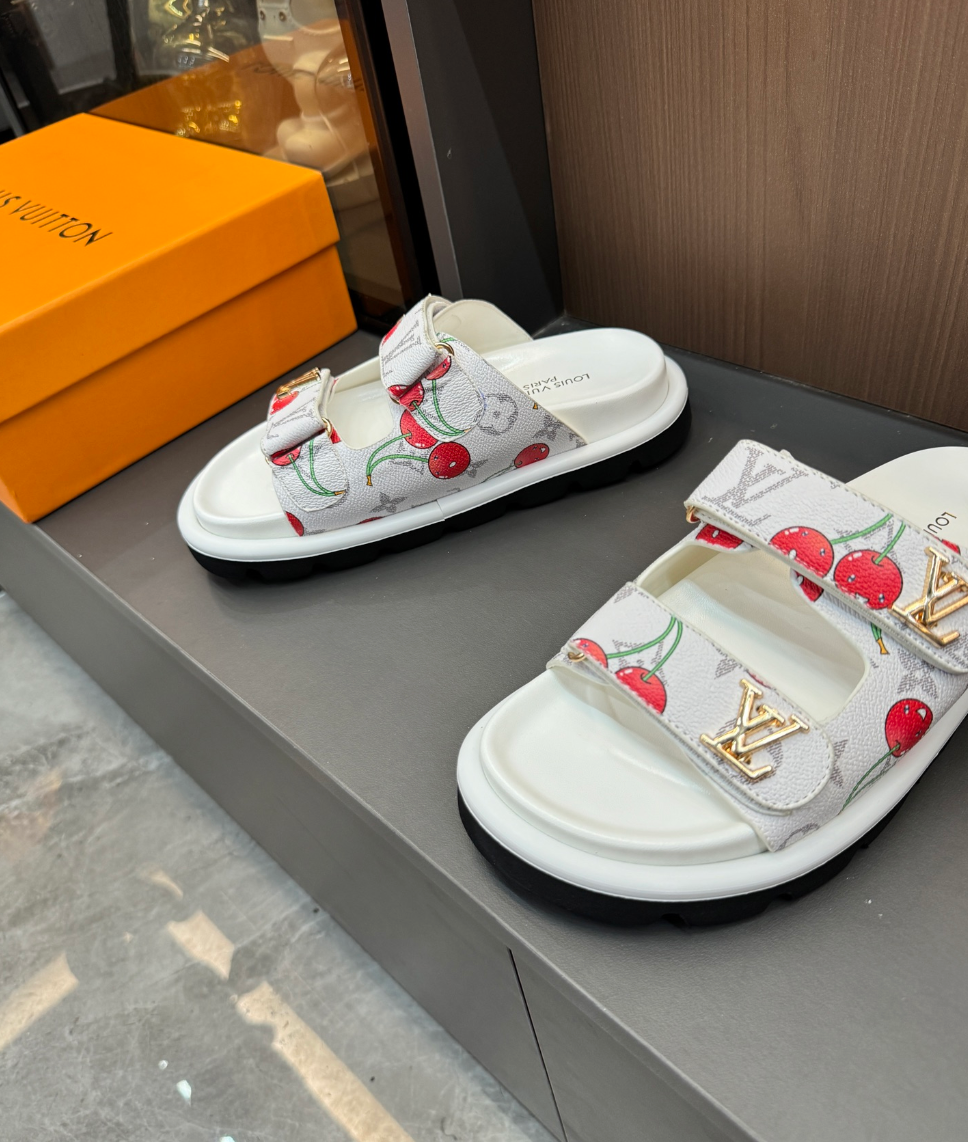 LOUIS VUITTON MONOGRAM CHERRY DOUBLE STRAP SLIDES – FULL SET – 1:1 HIGH END