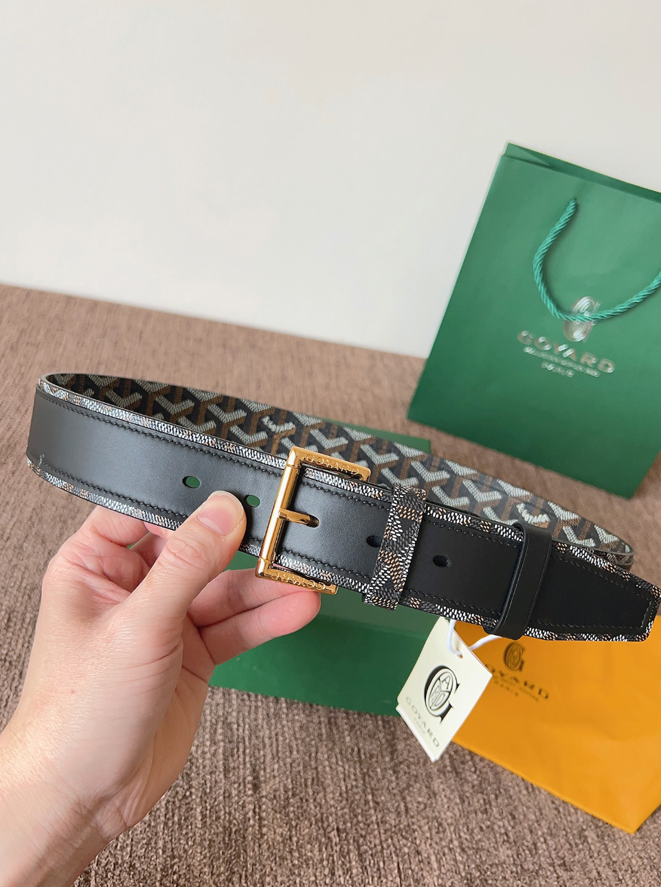 GOYARD GOYARDINE REVERSIBLE LEATHER BELT – SILVER PIN BUCKLE – FULL SET – 1:1 HIGH END