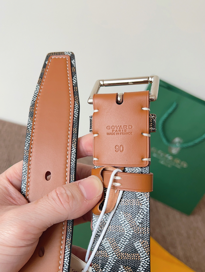 GOYARD GOYARDINE REVERSIBLE LEATHER BELT – SILVER PIN BUCKLE – FULL SET – 1:1 HIGH END