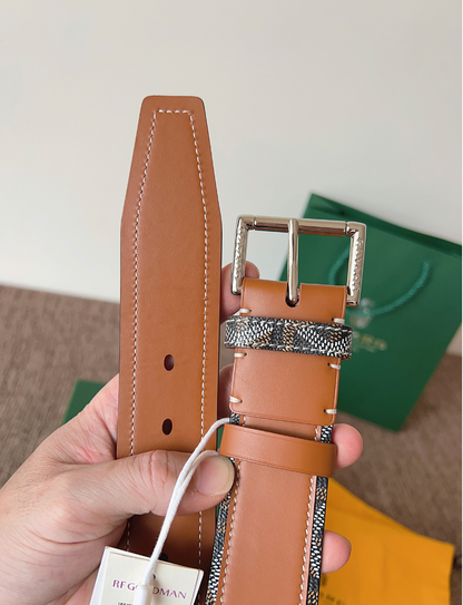 GOYARD GOYARDINE REVERSIBLE LEATHER BELT – SILVER PIN BUCKLE – FULL SET – 1:1 HIGH END