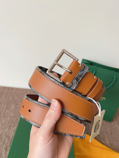 GOYARD GOYARDINE REVERSIBLE LEATHER BELT – SILVER PIN BUCKLE – FULL SET – 1:1 HIGH END