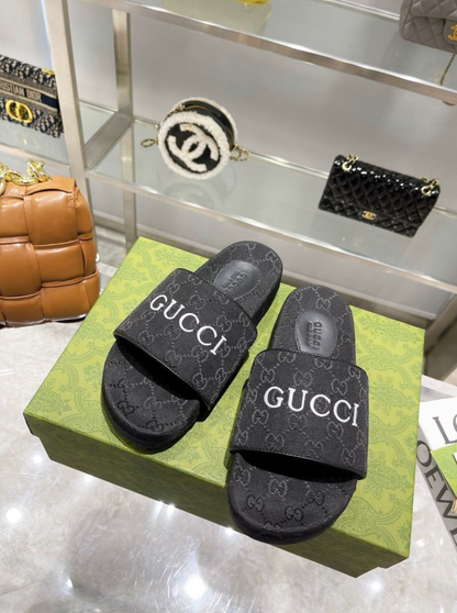 GUCCI GG CANVAS SLIDE SANDALS – BLACK – LOGO STRAP – FULL SET – 1:1 HIGH END