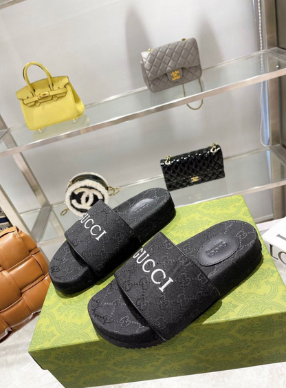 GUCCI GG CANVAS SLIDE SANDALS – BLACK – LOGO STRAP – FULL SET – 1:1 HIGH END
