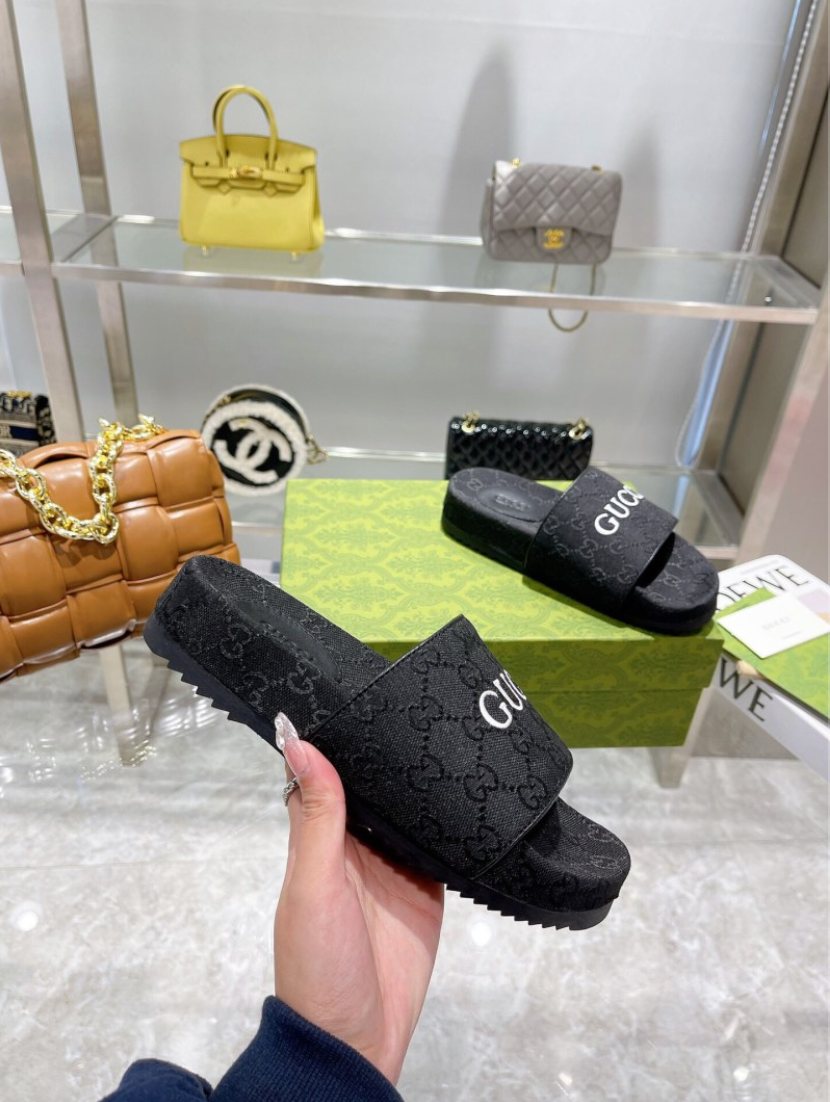 GUCCI GG CANVAS SLIDE SANDALS – BLACK – LOGO STRAP – FULL SET – 1:1 HIGH END