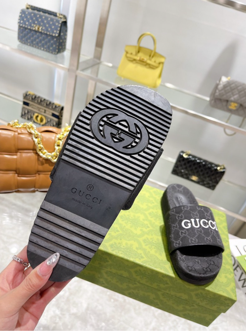 GUCCI GG CANVAS SLIDE SANDALS – BLACK – LOGO STRAP – FULL SET – 1:1 HIGH END
