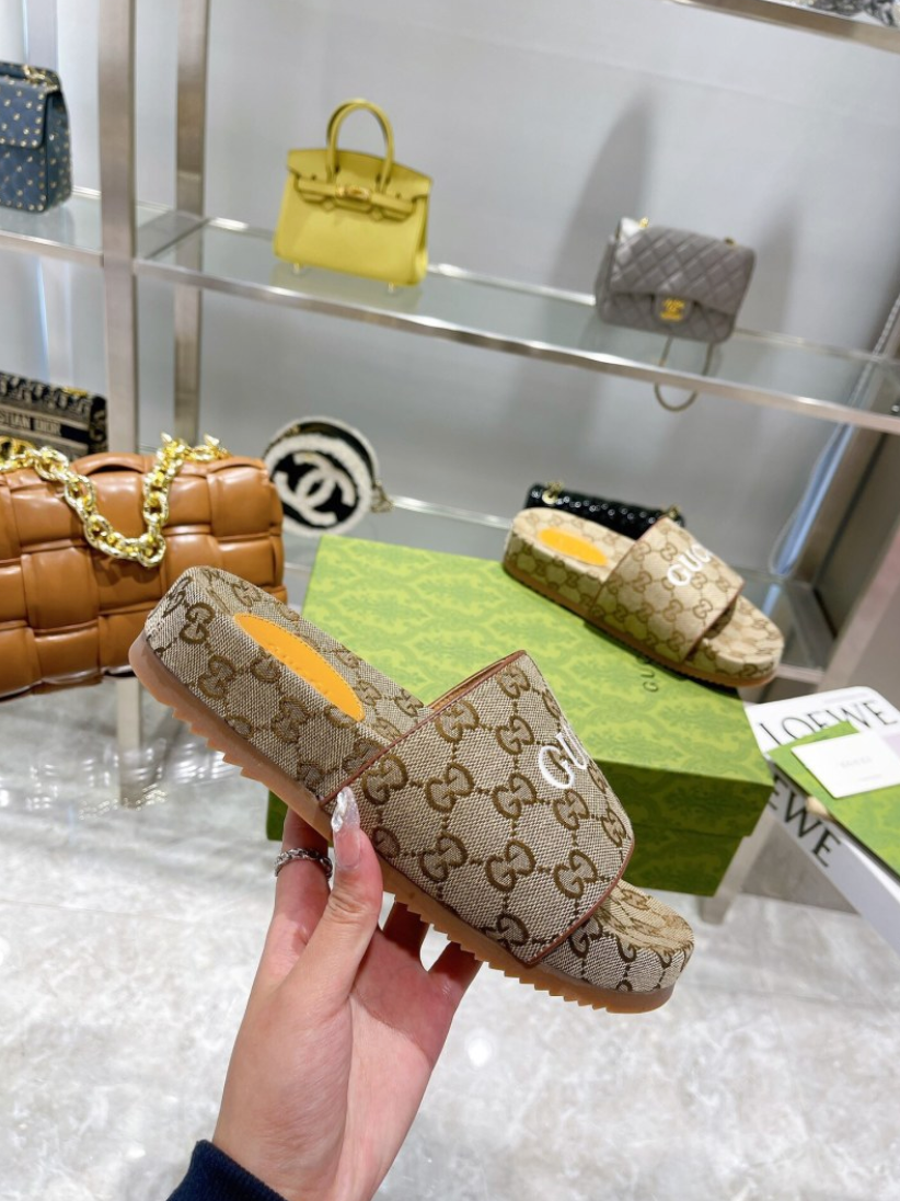 GUCCI GG CANVAS SLIDE SANDALS – BLACK – LOGO STRAP – FULL SET – 1:1 HIGH END