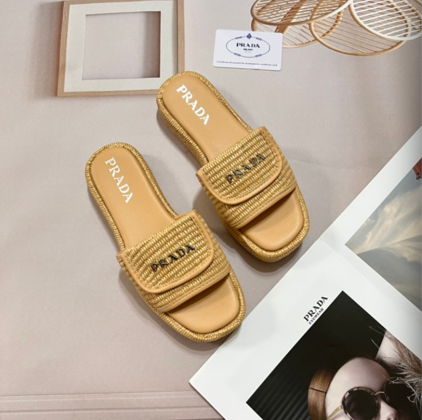 PRADA RAFFIA SLIDE SANDALS – FULL SET – 1:1 HIGH END