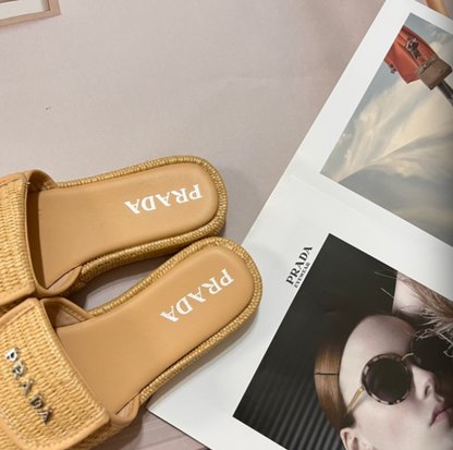 PRADA RAFFIA SLIDE SANDALS – FULL SET – 1:1 HIGH END