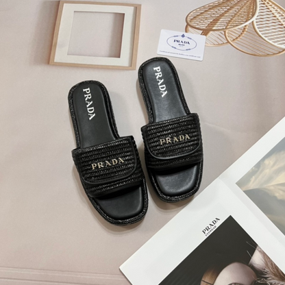PRADA RAFFIA SLIDE SANDALS – FULL SET – 1:1 HIGH END
