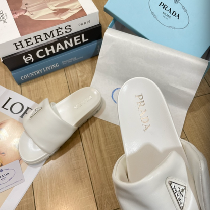 PRADA PADDED LEATHER SLIDE SANDALS – TRIANGLE LOGO – FULL SET – 1:1 HIGH END