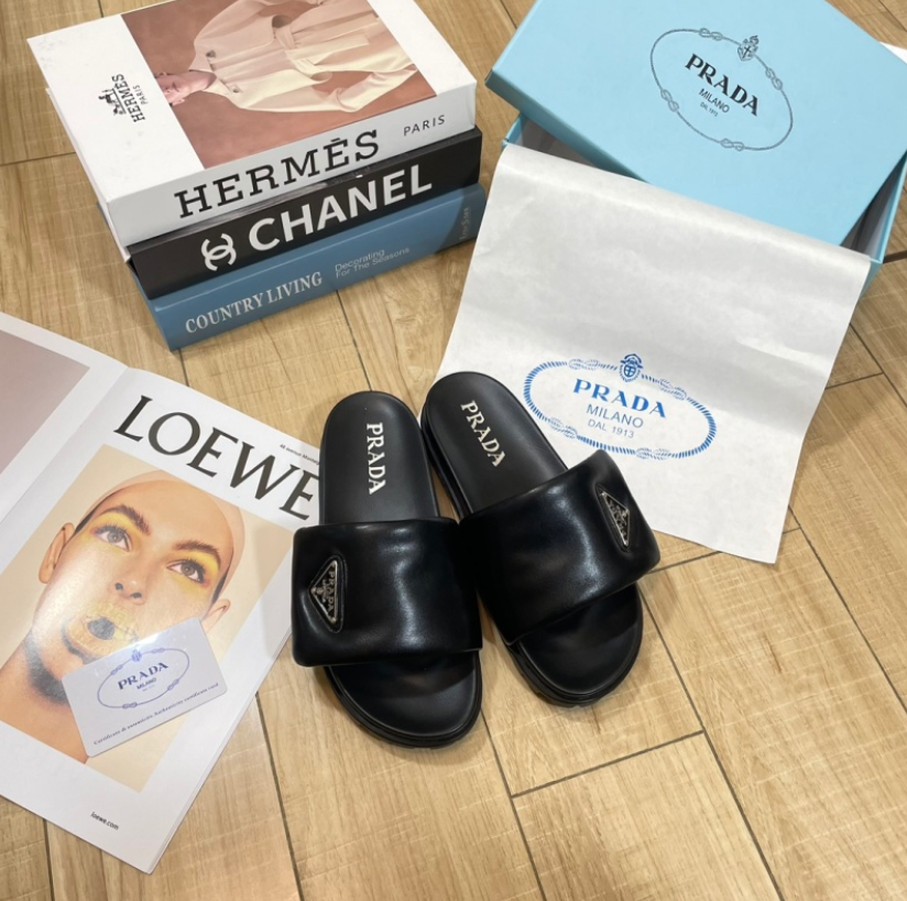 PRADA PADDED LEATHER SLIDE SANDALS – TRIANGLE LOGO – FULL SET – 1:1 HIGH END