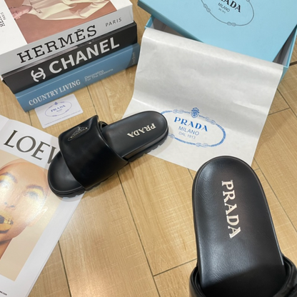 PRADA PADDED LEATHER SLIDE SANDALS – TRIANGLE LOGO – FULL SET – 1:1 HIGH END