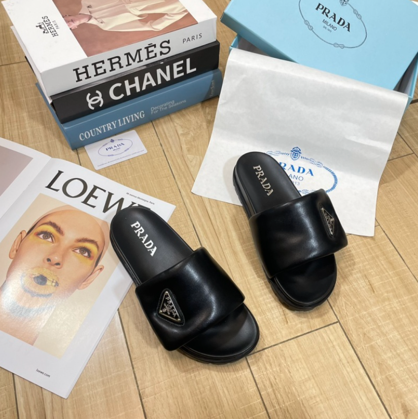 PRADA PADDED LEATHER SLIDE SANDALS – TRIANGLE LOGO – FULL SET – 1:1 HIGH END