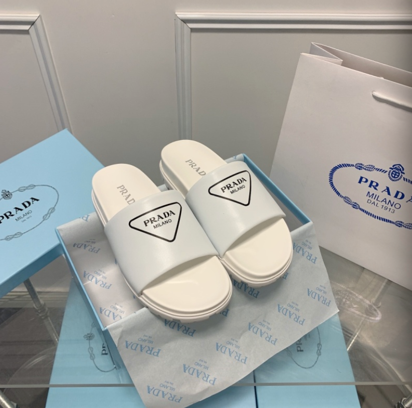 PRADA PADDED LEATHER SLIDE SANDALS – TRIANGLE LOGO – FULL SET – 1:1 HIGH END