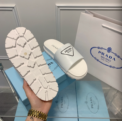 PRADA PADDED LEATHER SLIDE SANDALS – TRIANGLE LOGO – FULL SET – 1:1 HIGH END