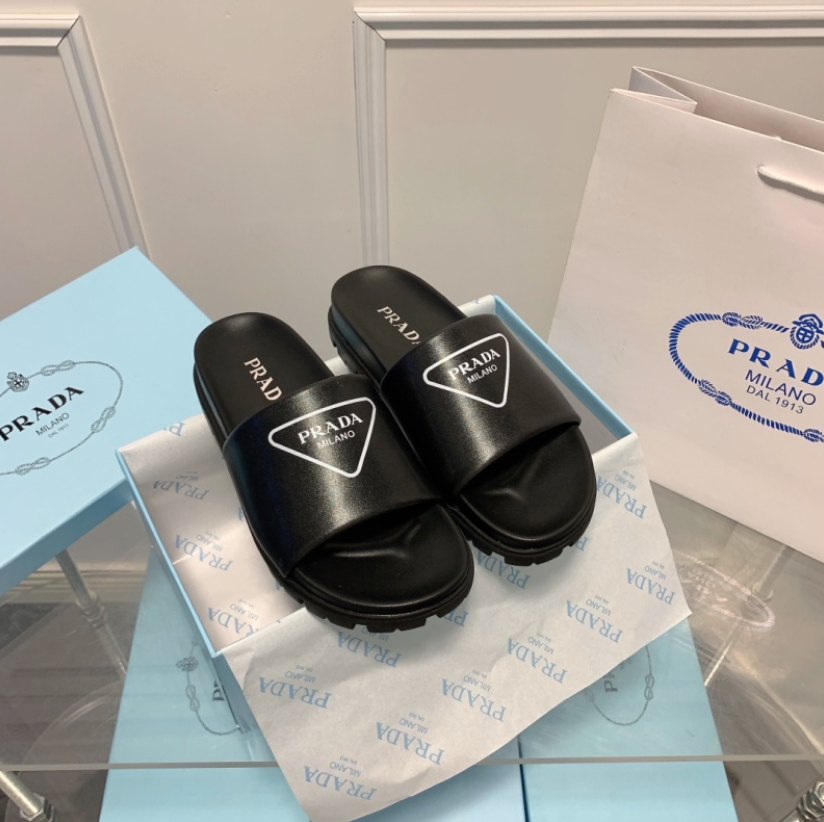 PRADA PADDED LEATHER SLIDE SANDALS – TRIANGLE LOGO – FULL SET – 1:1 HIGH END