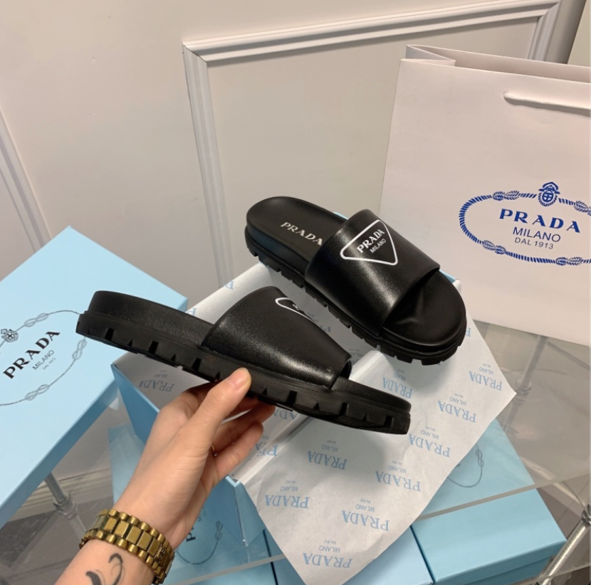 PRADA PADDED LEATHER SLIDE SANDALS – TRIANGLE LOGO – FULL SET – 1:1 HIGH END