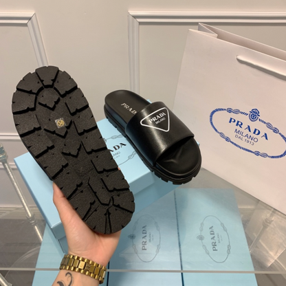PRADA PADDED LEATHER SLIDE SANDALS – TRIANGLE LOGO – FULL SET – 1:1 HIGH END
