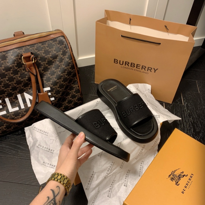 BURBERRY LOGO SLIDE SANDALS – EMBROIDERED LOGO – FULL SET – 1:1 HIGH END