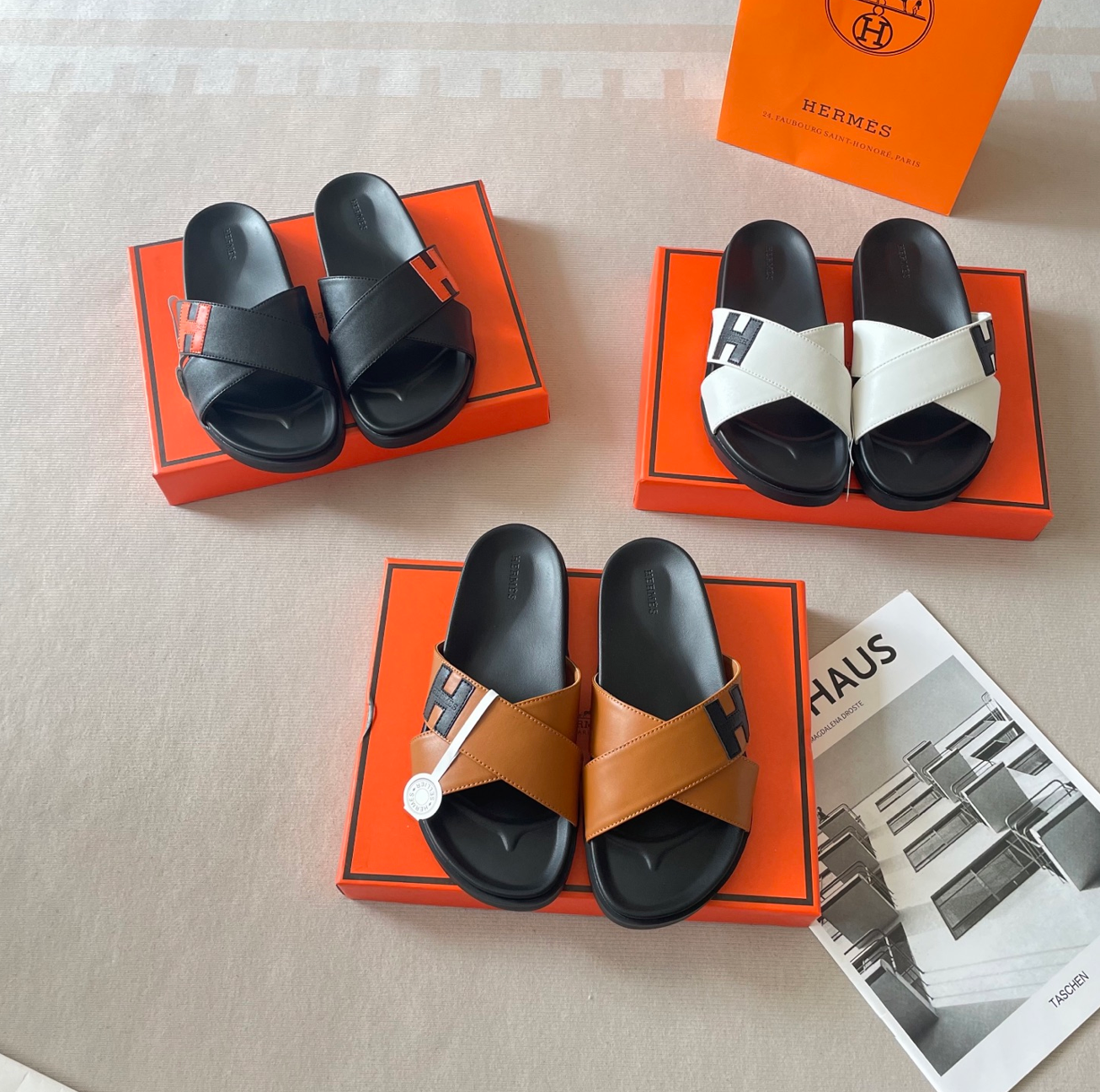 HERMÈS CROSS STRAP SLIDE SANDALS – ICONIC H DETAIL – FULL SET – 1:1 HIGH END