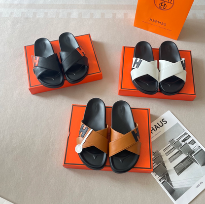 HERMÈS CROSS STRAP SLIDE SANDALS – ICONIC H DETAIL – FULL SET – 1:1 HIGH END