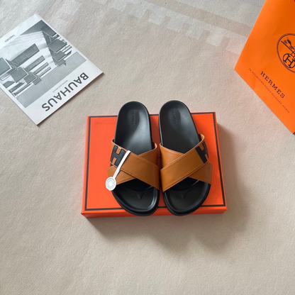 HERMÈS CROSS STRAP SLIDE SANDALS – ICONIC H DETAIL – FULL SET – 1:1 HIGH END