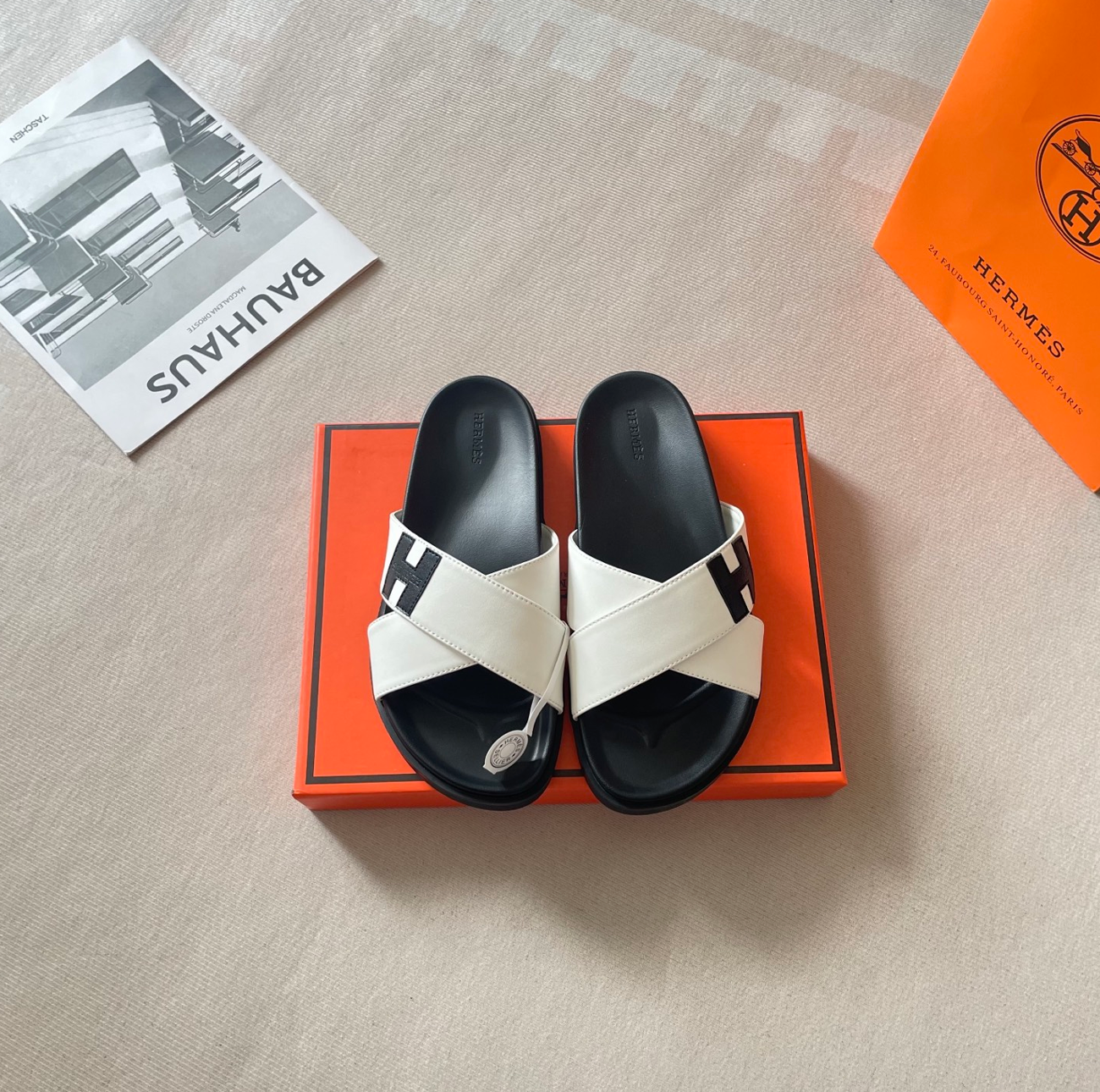 HERMÈS CROSS STRAP SLIDE SANDALS – ICONIC H DETAIL – FULL SET – 1:1 HIGH END