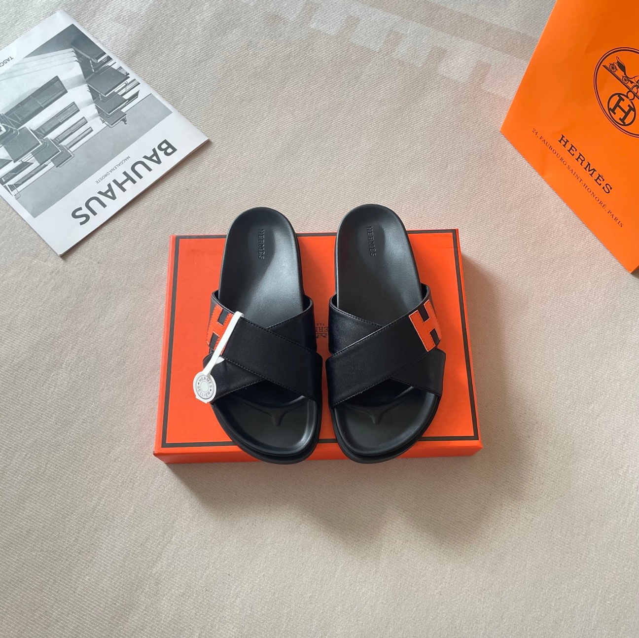 HERMÈS CROSS STRAP SLIDE SANDALS – ICONIC H DETAIL – FULL SET – 1:1 HIGH END
